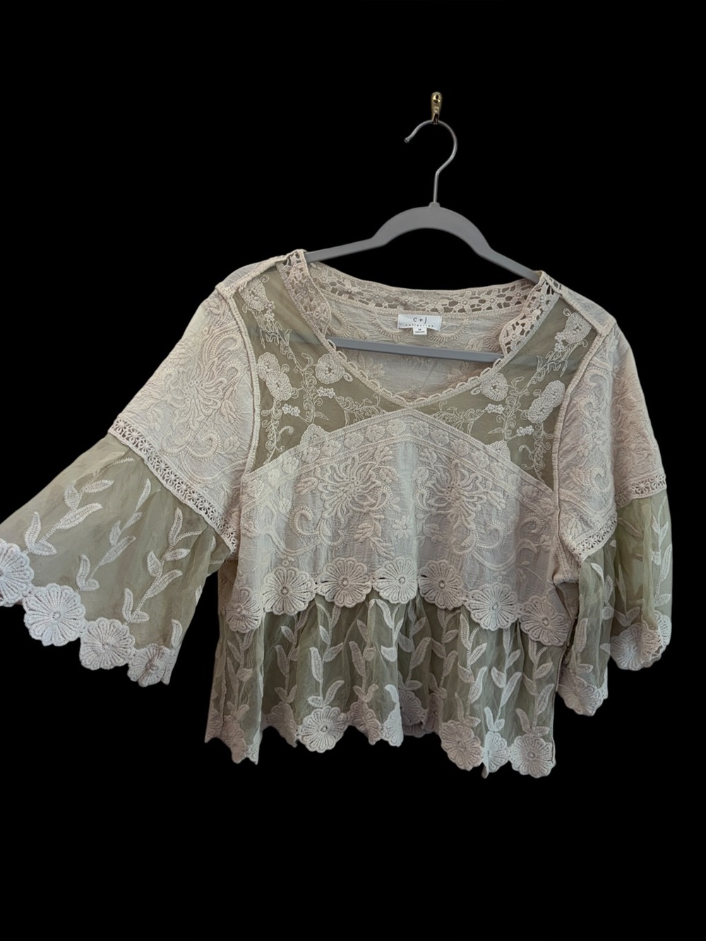 C+J Collection Boho Revival Sheer Sage Green & Cream Lace Peasant Top Size M